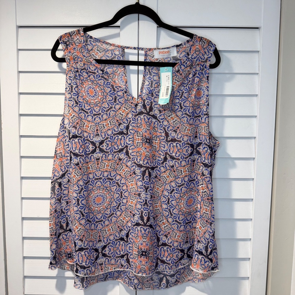 Renee‎ C Womens XL Sleeveless Blouse Boho Medallion Print Keyhole Chiffon New